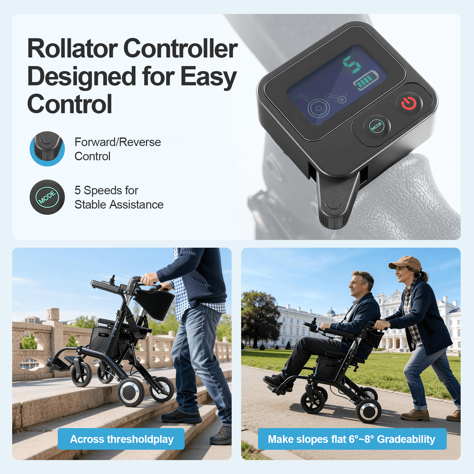 4 in 1 Wheelchair Rollator Walker Combo, 39lbs Lightweight Electric Wheelchair for Adults, 10Ah Battery, Black